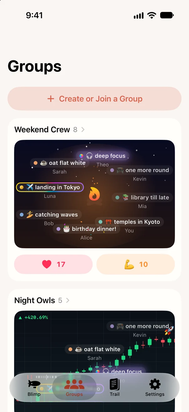 The Groups tab: a group's Blimps floating in a scene