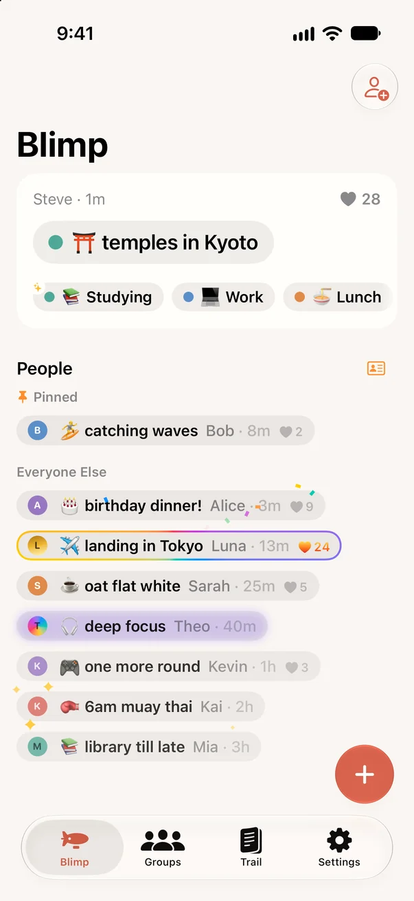 The Blimp tab: your own status and your people's statuses as pills